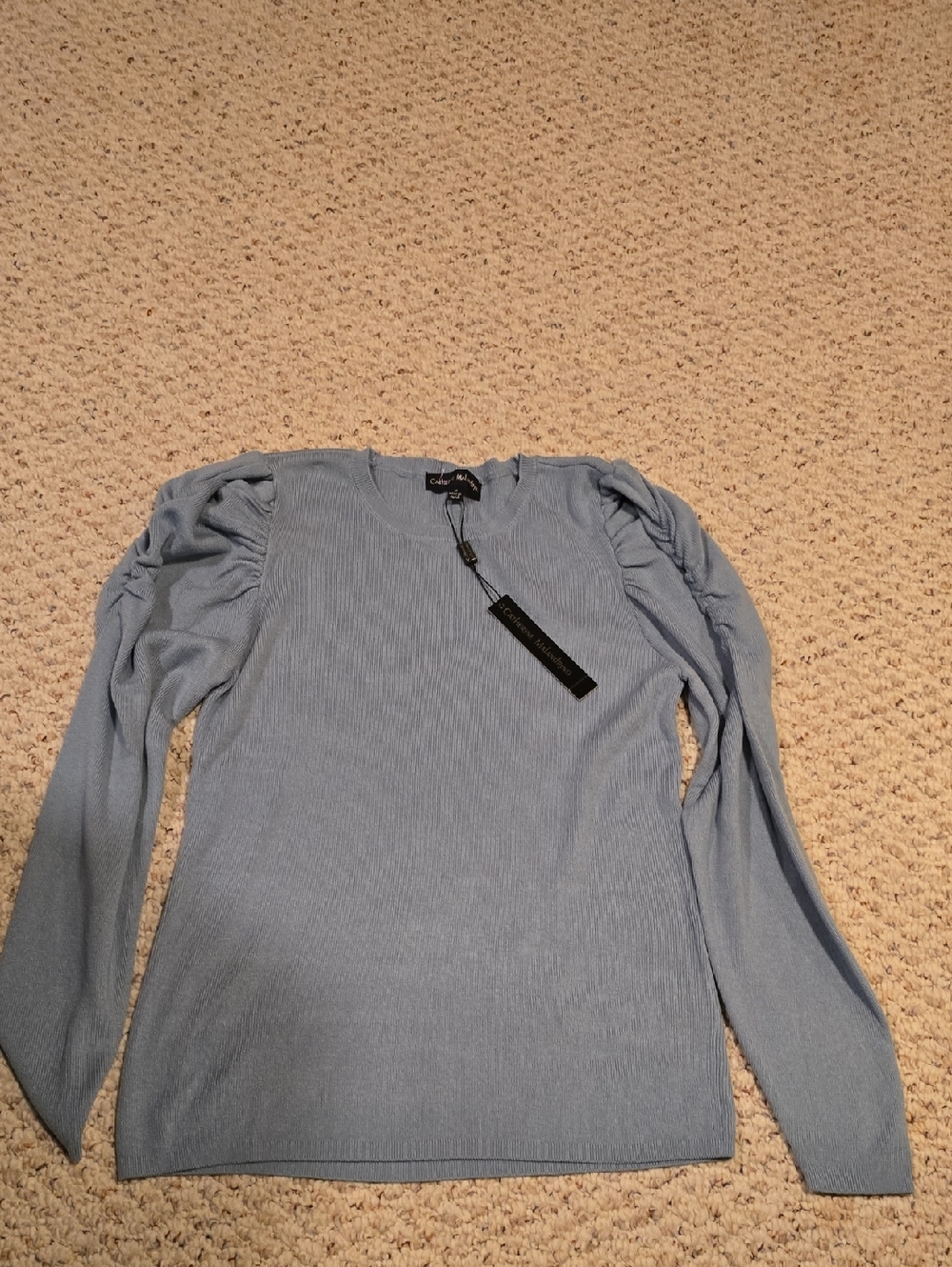 Catherine Malandrino Light Blue Ribbed Puff-Sleeve Long Sleeve Top